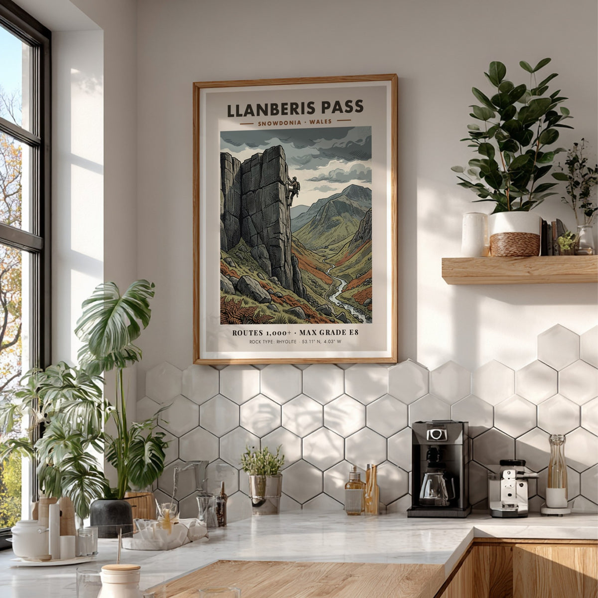 Poster of a rock climber on the steep rhyolite cliffs of Llanberis Pass Snowdonia.