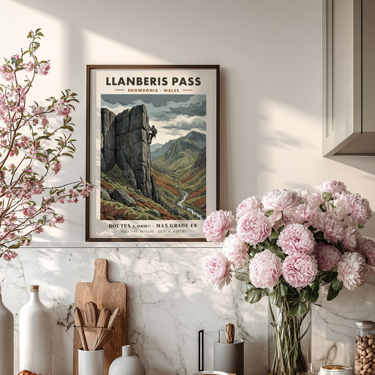 Poster of a rock climber on the steep rhyolite cliffs of Llanberis Pass Snowdonia.