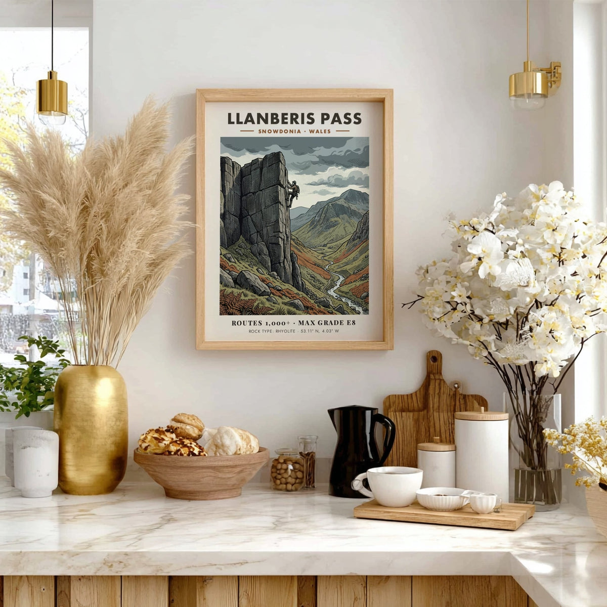 Poster of a rock climber on the steep rhyolite cliffs of Llanberis Pass Snowdonia.