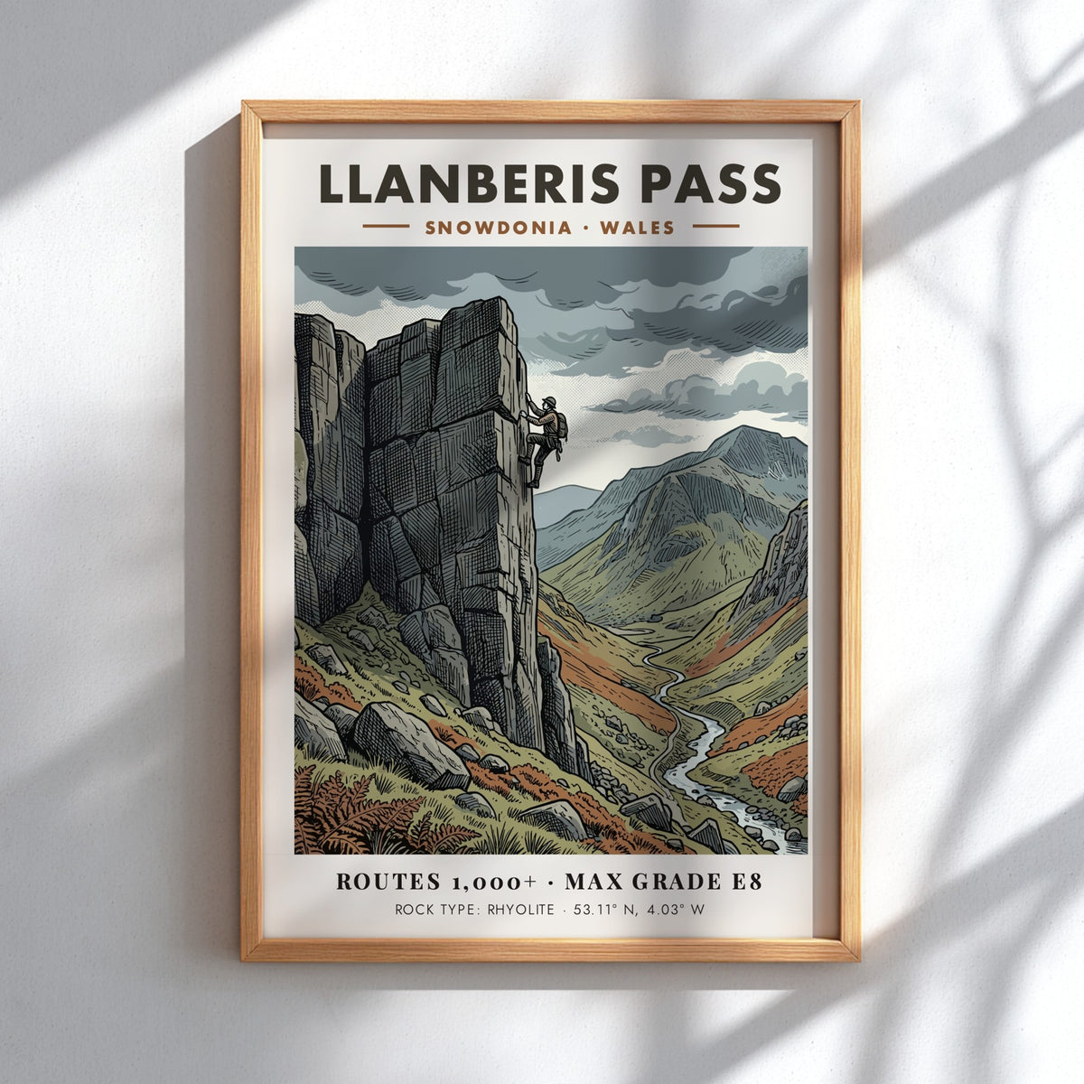 Poster of a rock climber on the steep rhyolite cliffs of Llanberis Pass Snowdonia.