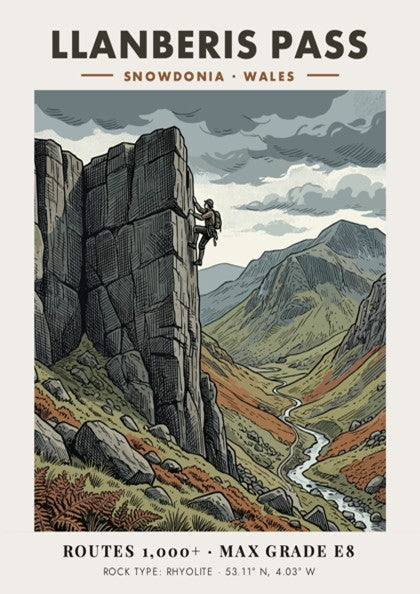 Poster of a rock climber on the steep rhyolite cliffs of Llanberis Pass Snowdonia.