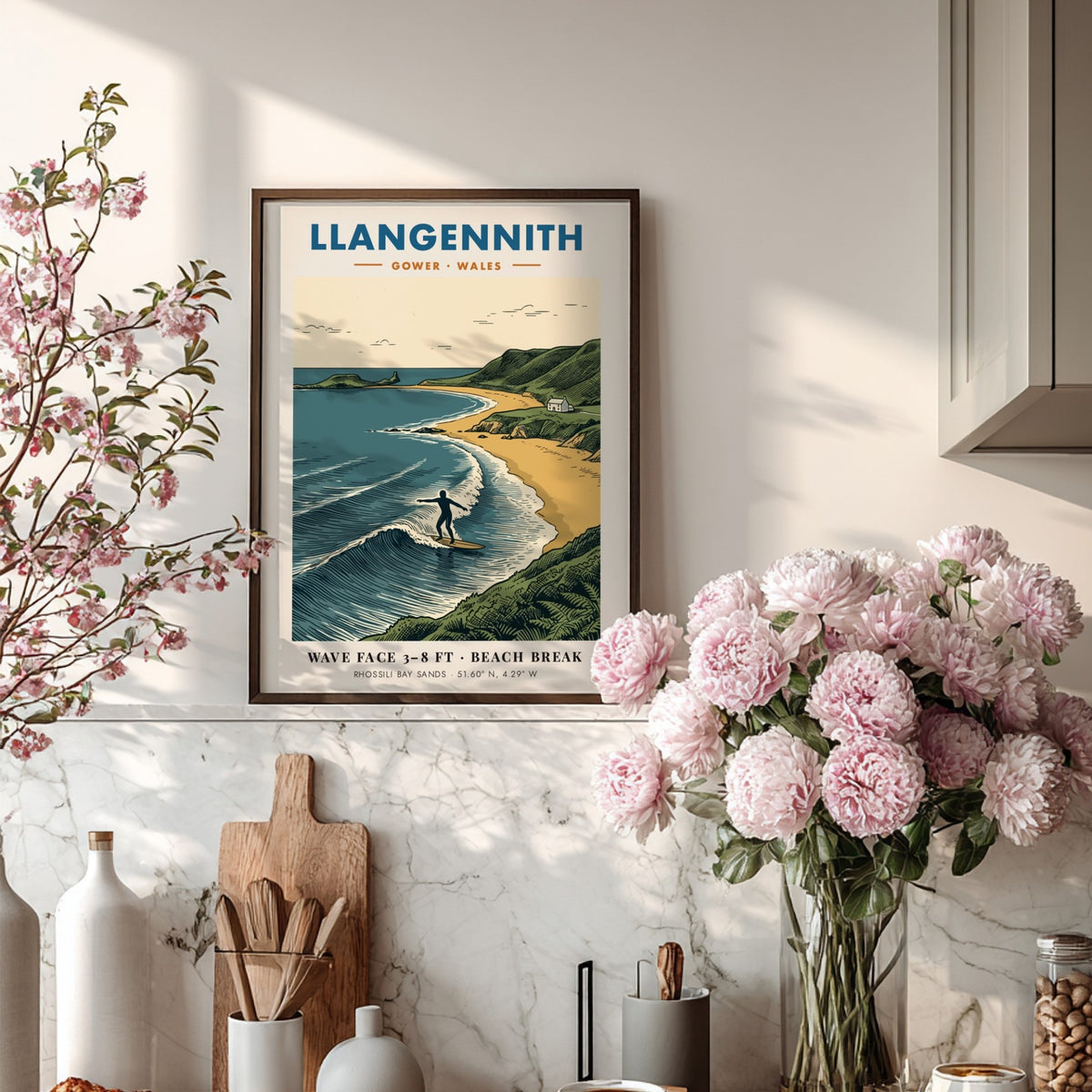 Poster of a surfer riding a wave at Llangennith beach in Gower Wales.