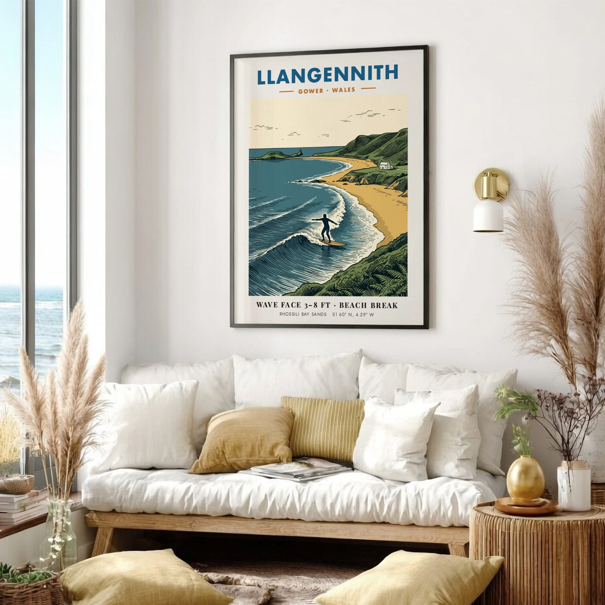 Poster of a surfer riding a wave at Llangennith beach in Gower Wales.