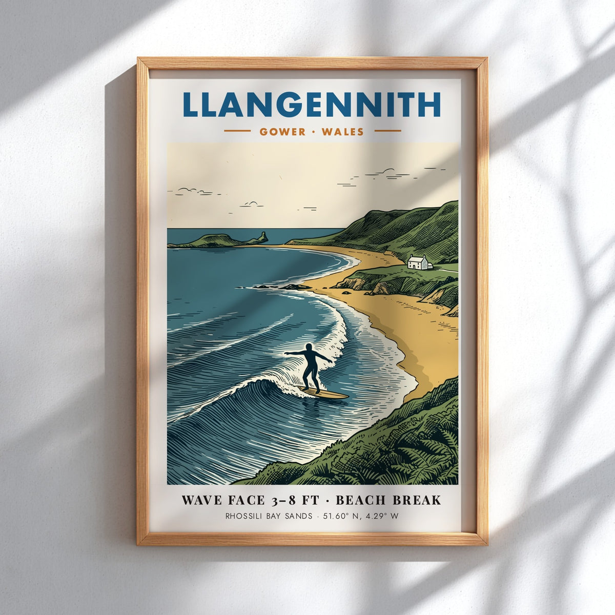 Poster of a surfer riding a wave at Llangennith beach in Gower Wales.