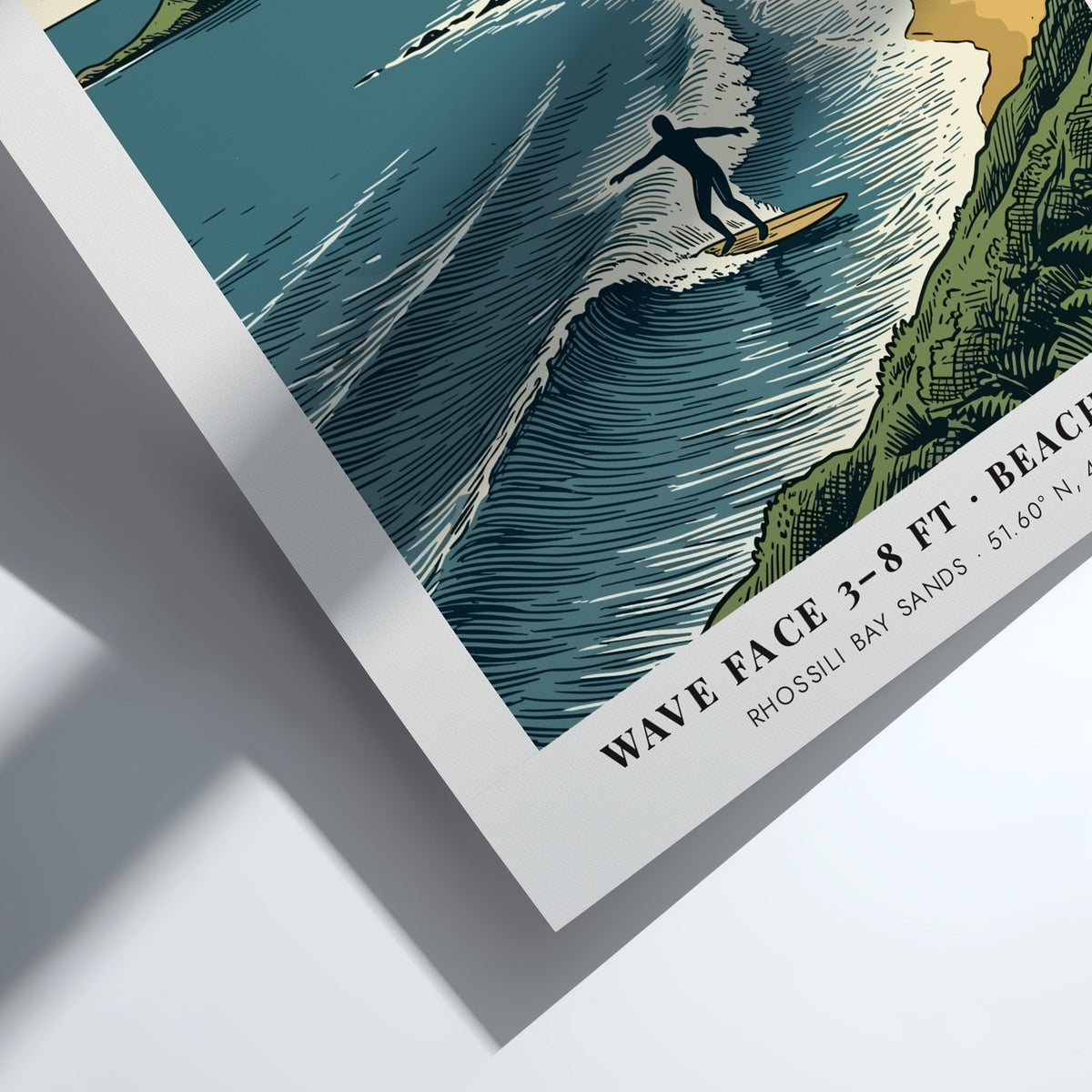 Poster of a surfer riding a wave at Llangennith beach in Gower Wales.