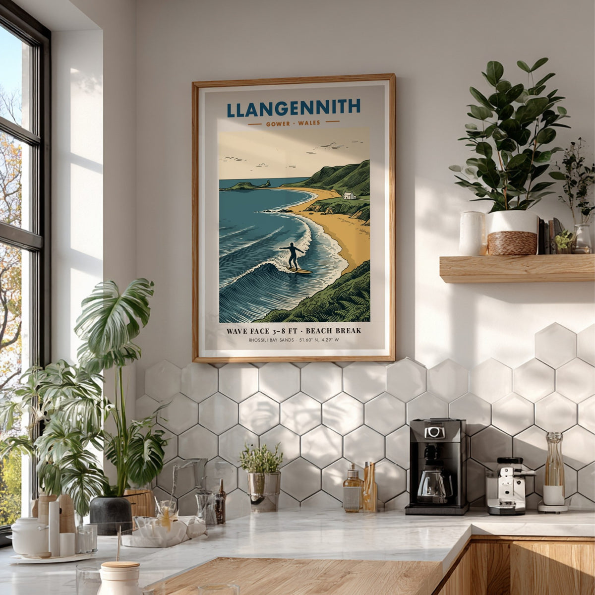 Poster of a surfer riding a wave at Llangennith beach in Gower Wales.