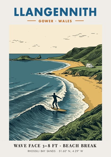 Poster of a surfer riding a wave at Llangennith beach in Gower Wales.