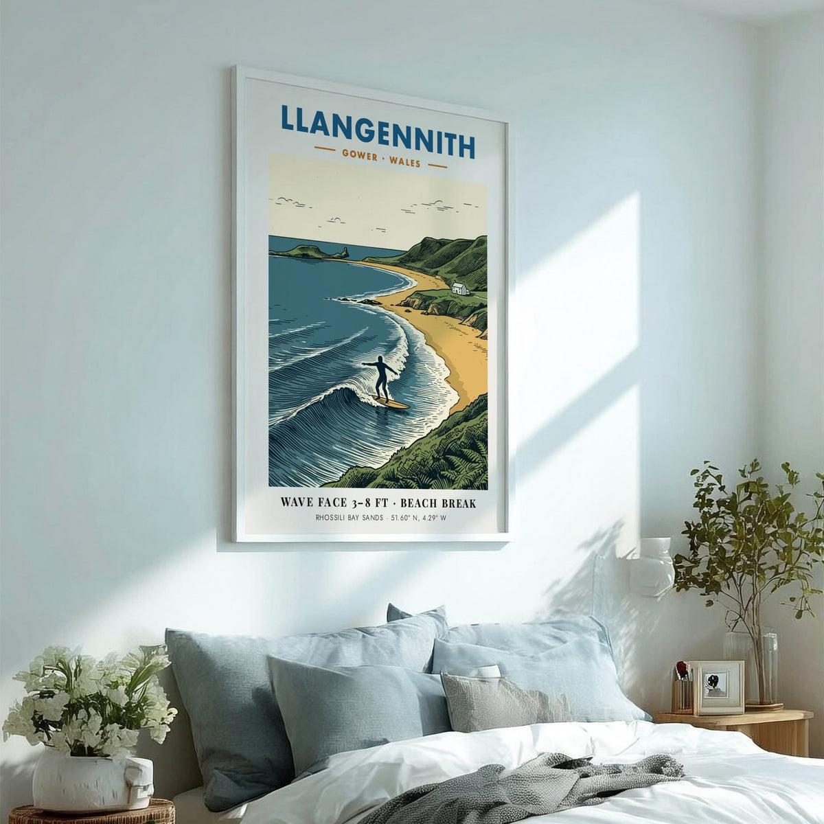 Poster of a surfer riding a wave at Llangennith beach in Gower Wales.