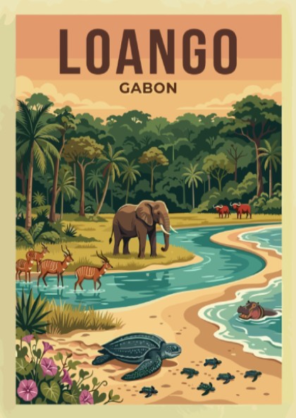 Loango National Park poster featuring wildlife, vibrant colors, and serene landscape