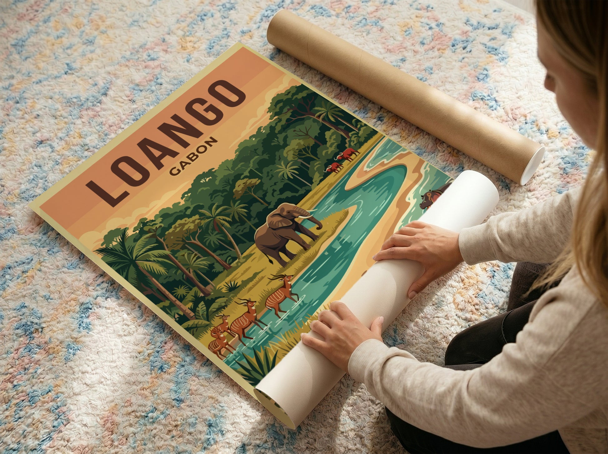 Loango National Park poster featuring wildlife, vibrant colors, and serene landscape