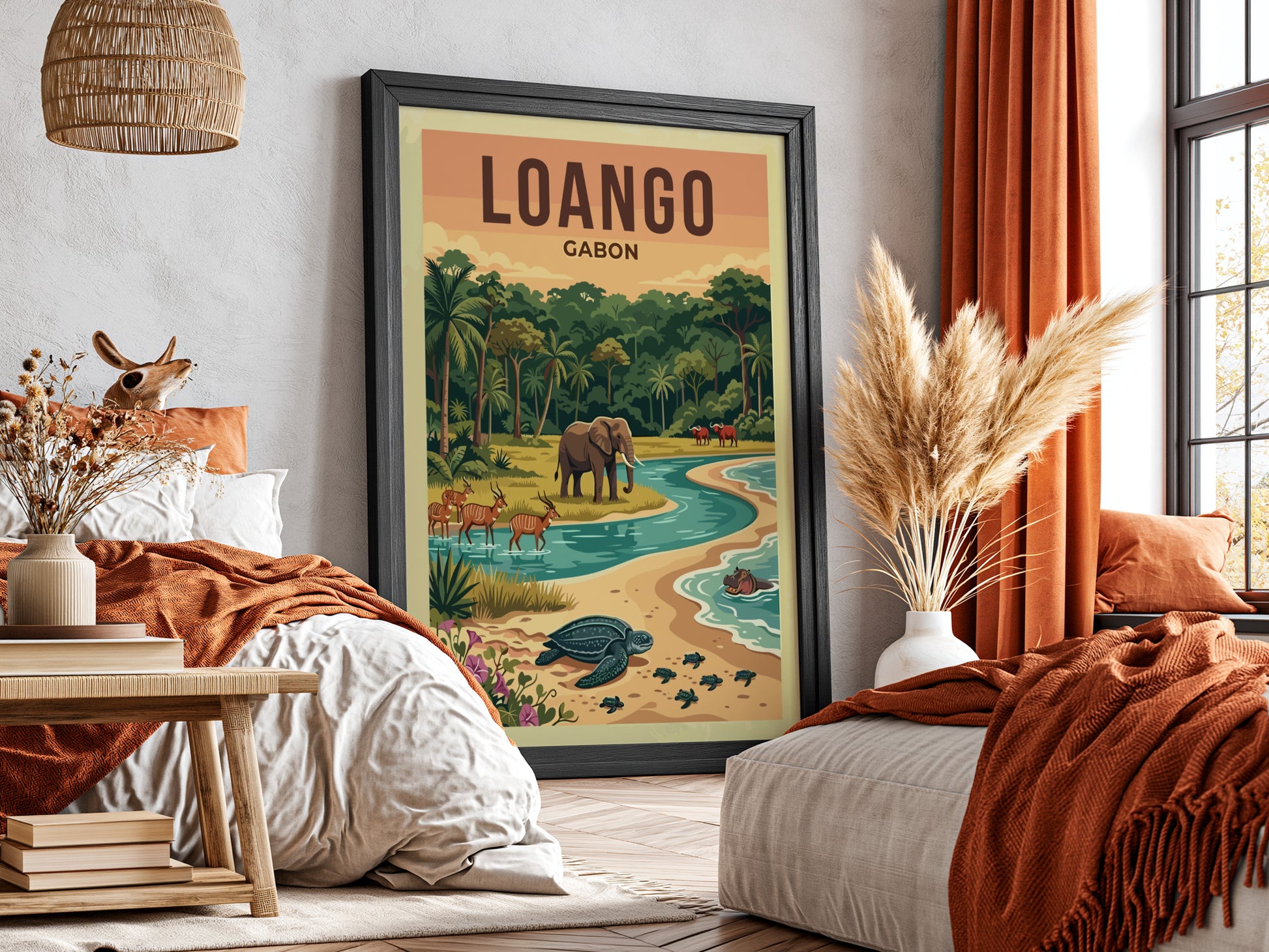 Loango National Park poster featuring wildlife, vibrant colors, and serene landscape