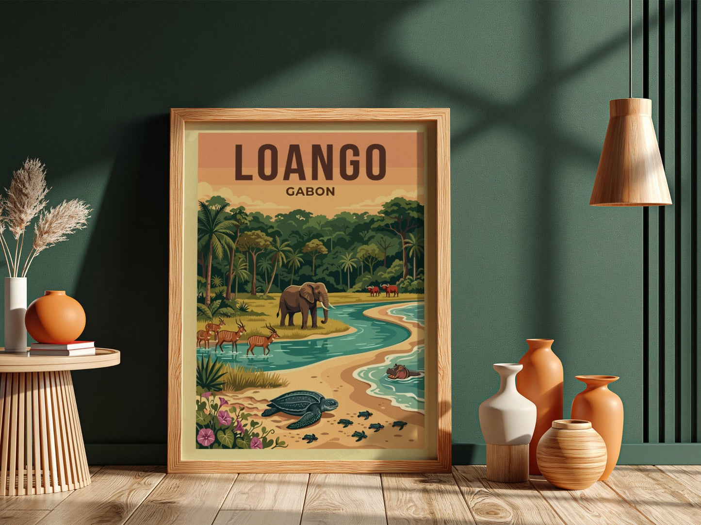 Loango National Park poster featuring wildlife, vibrant colors, and serene landscape
