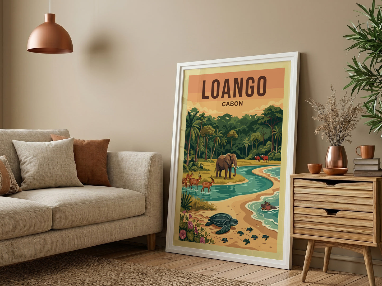 Loango National Park poster featuring wildlife, vibrant colors, and serene landscape