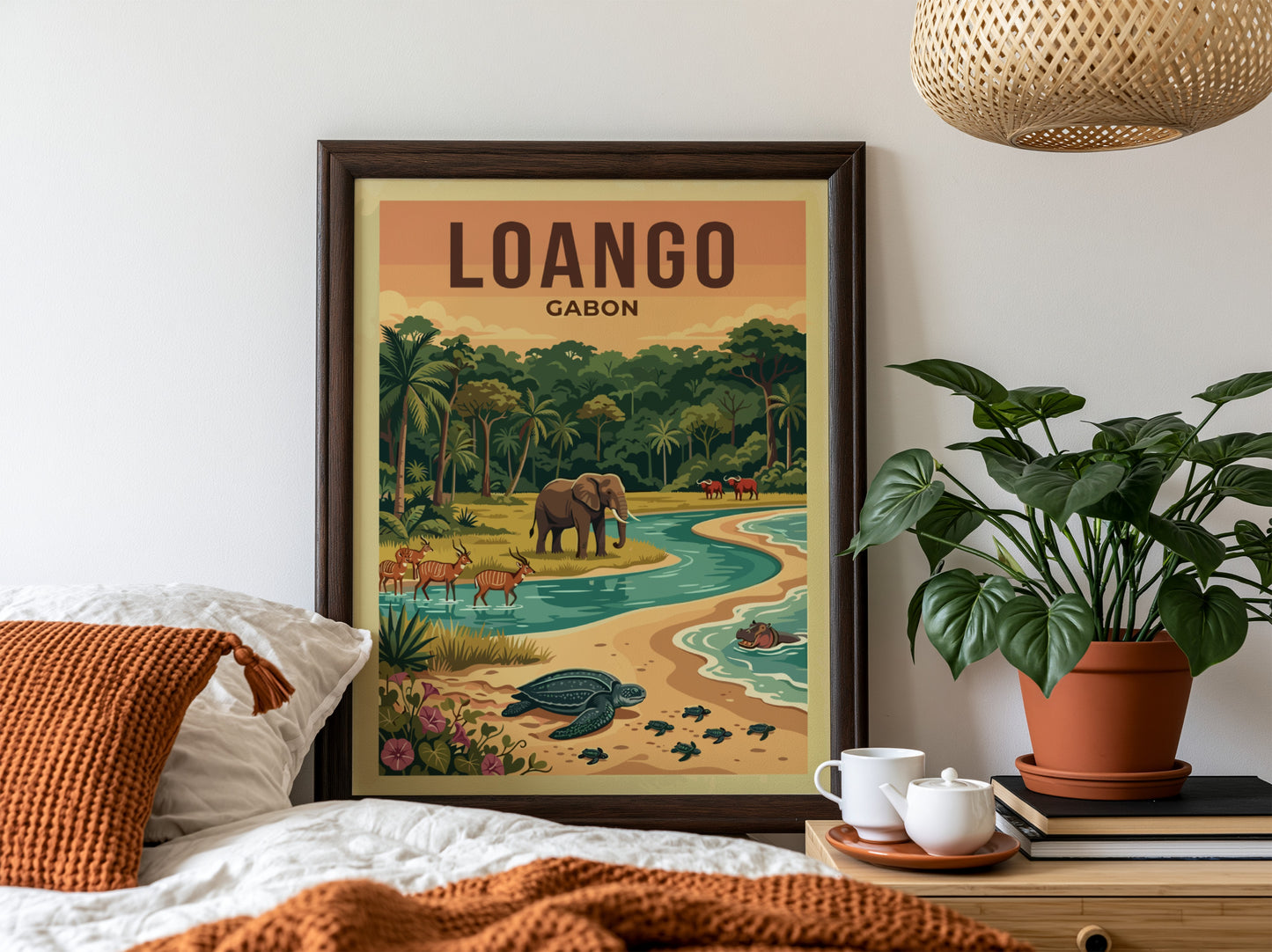 Loango National Park poster featuring wildlife, vibrant colors, and serene landscape