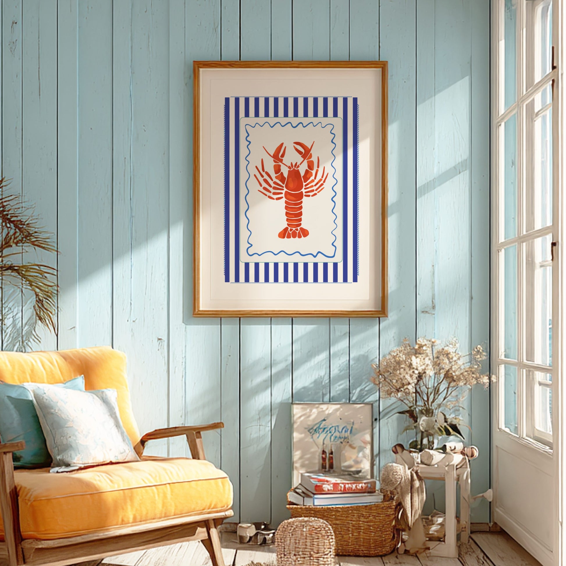 Living room with a yellow armchair, framed artwork of a lobster, and a blue wall.