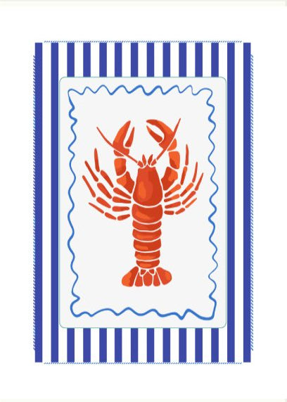 Towel with red lobster design on a blue and white striped background