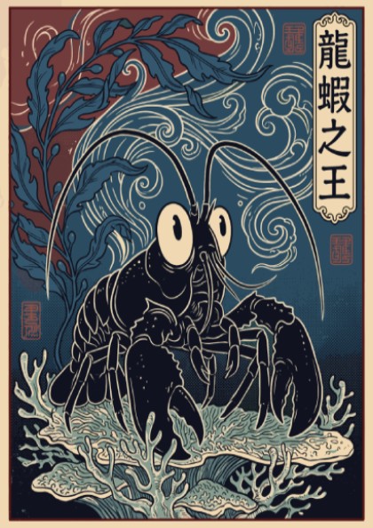 Poster featuring a dark lobster standing on a coral shelf in blue tones.