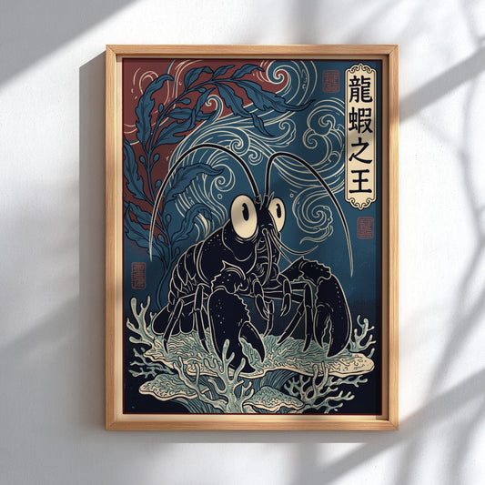 Poster featuring a dark lobster standing on a coral shelf in blue tones.