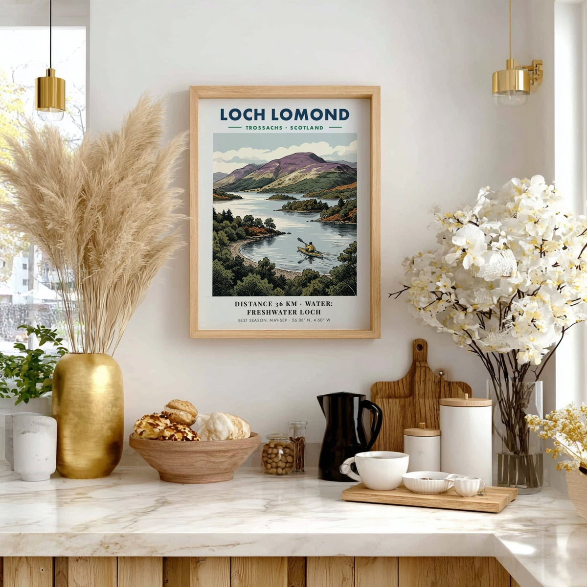 Poster of a lone kayaker on Loch Lomond with purple hills in Scotland background