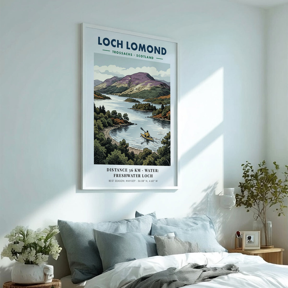 Poster of a lone kayaker on Loch Lomond with purple hills in Scotland background