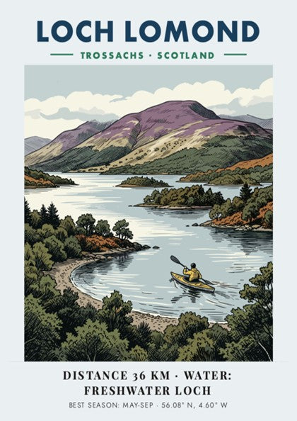 Poster of a lone kayaker on Loch Lomond with purple hills in Scotland background