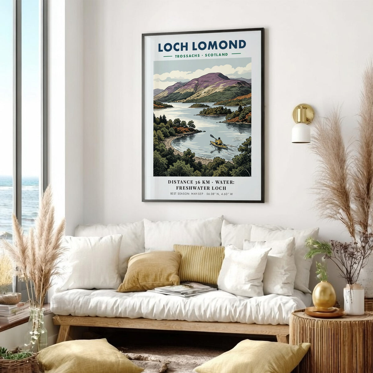 Poster of a lone kayaker on Loch Lomond with purple hills in Scotland background