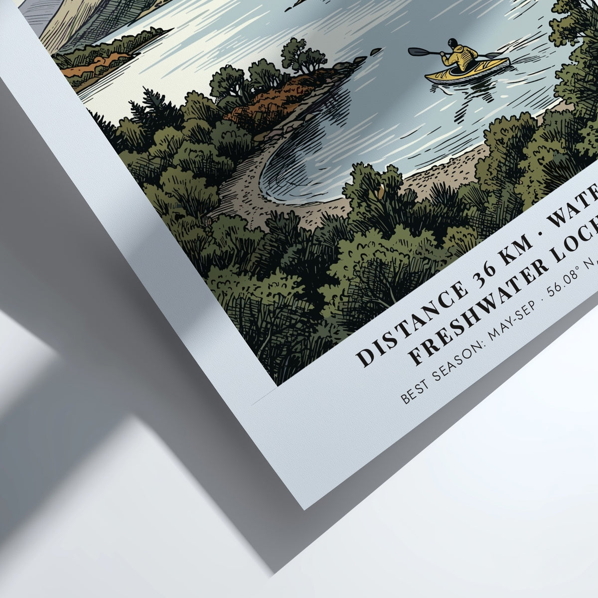 Poster of a lone kayaker on Loch Lomond with purple hills in Scotland background