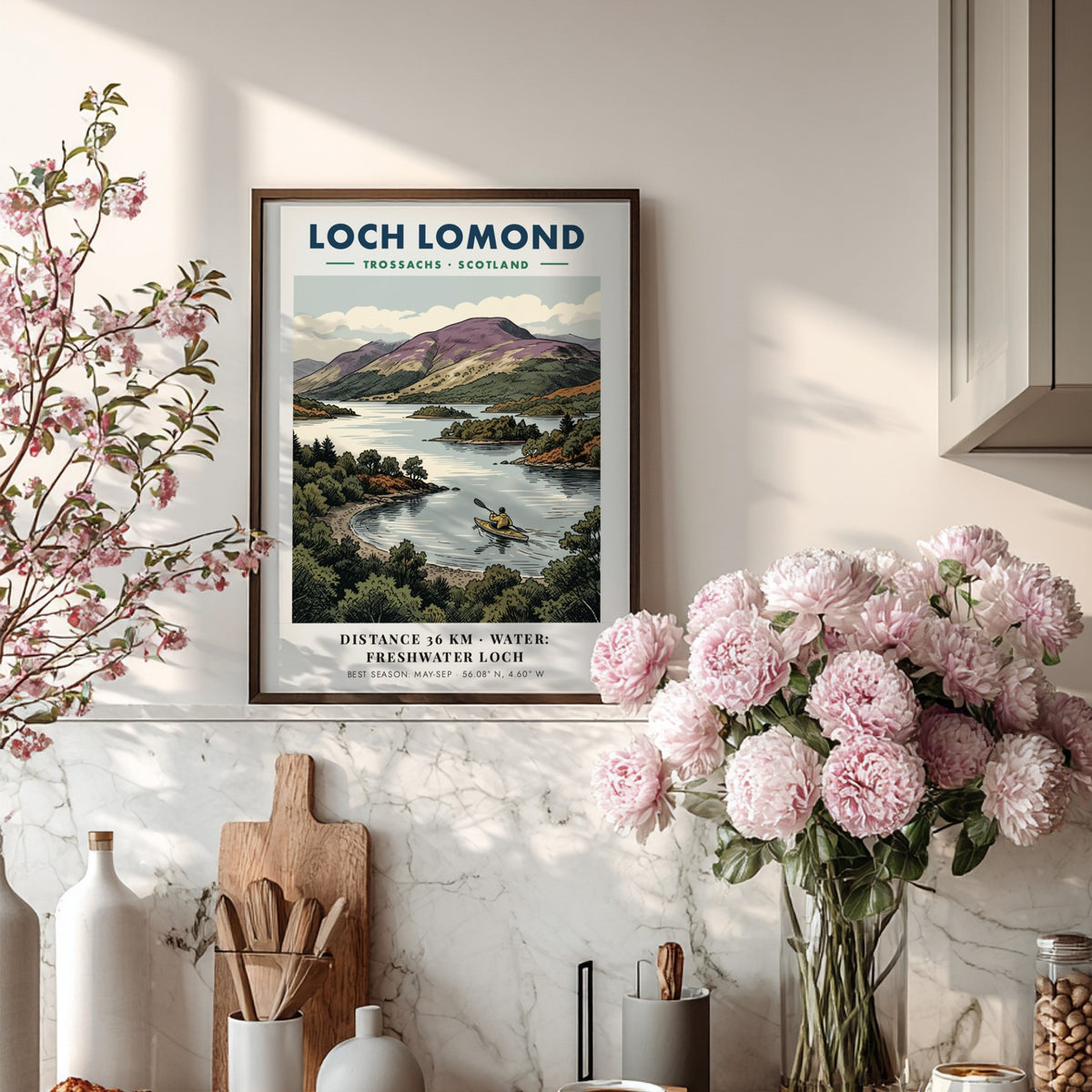 Poster of a lone kayaker on Loch Lomond with purple hills in Scotland background