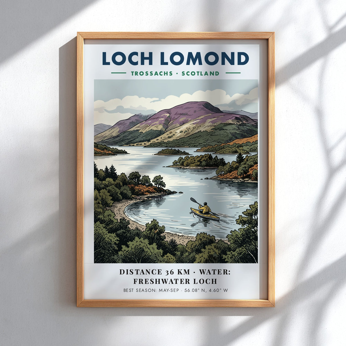 Poster of a lone kayaker on Loch Lomond with purple hills in Scotland background