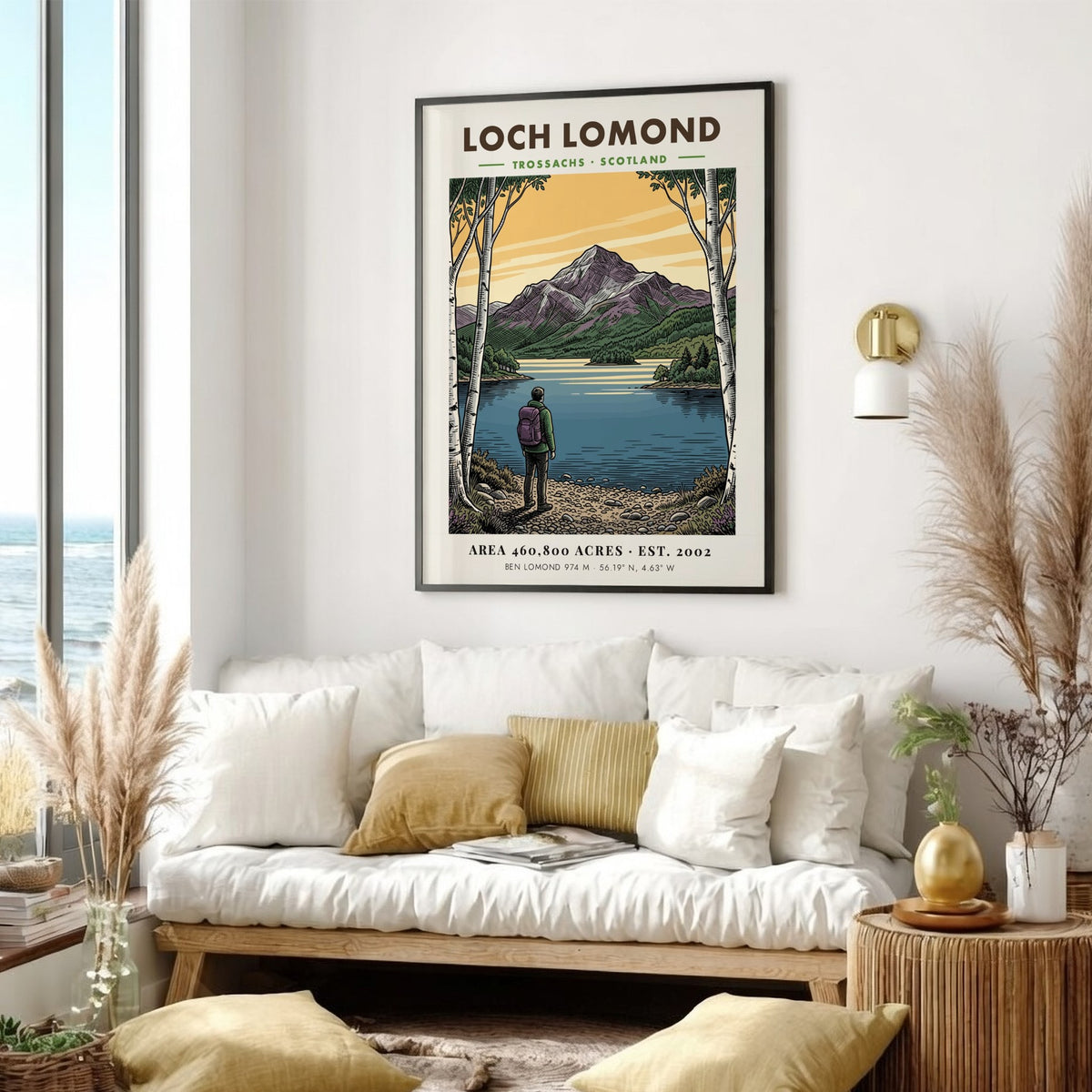 Poster featuring a hiker looking at Loch Lomond beneath the peak of Ben Lomond.
