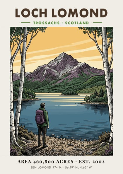 Poster featuring a hiker looking at Loch Lomond beneath the peak of Ben Lomond.