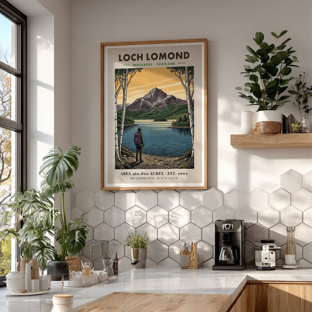 Poster featuring a hiker looking at Loch Lomond beneath the peak of Ben Lomond.