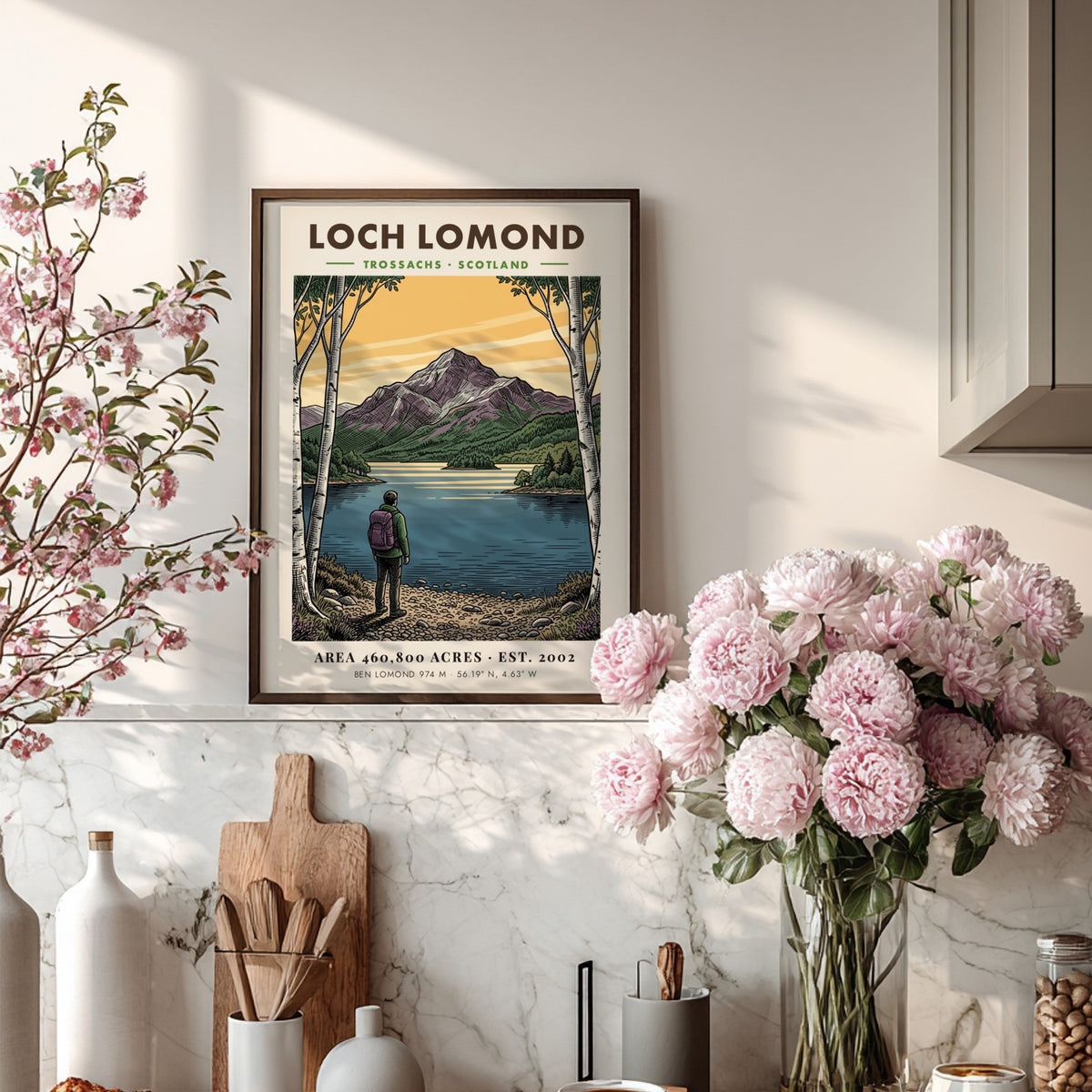 Poster featuring a hiker looking at Loch Lomond beneath the peak of Ben Lomond.