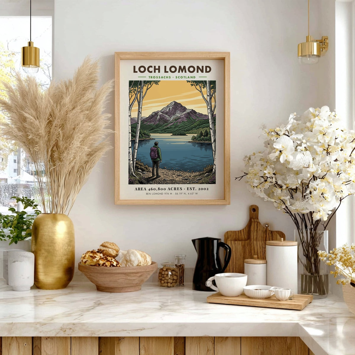 Poster featuring a hiker looking at Loch Lomond beneath the peak of Ben Lomond.