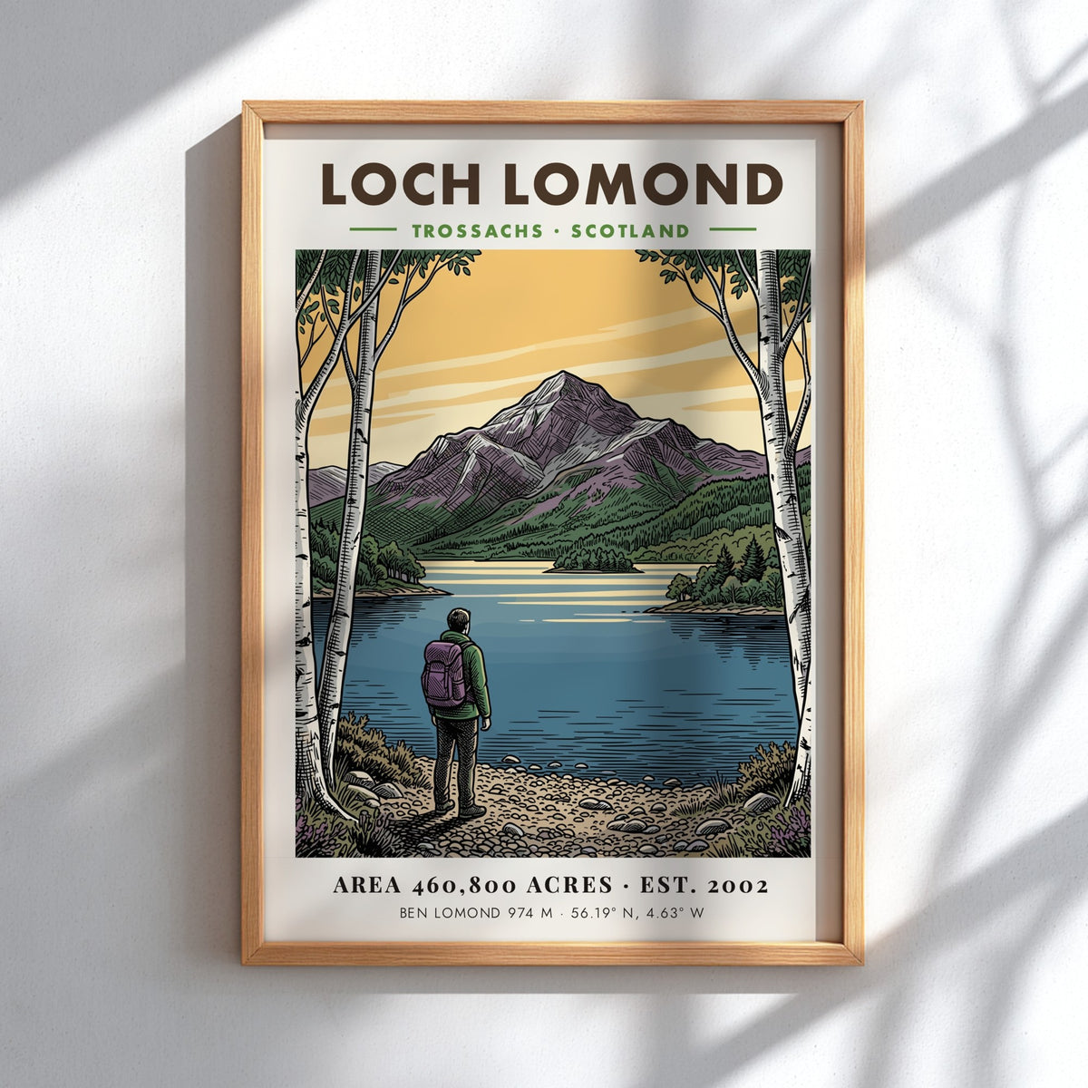 Poster featuring a hiker looking at Loch Lomond beneath the peak of Ben Lomond.