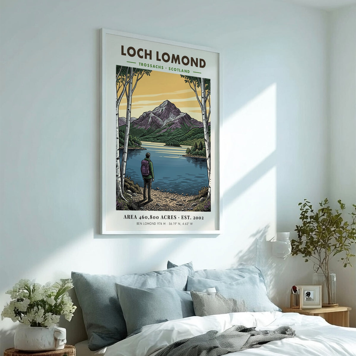 Poster featuring a hiker looking at Loch Lomond beneath the peak of Ben Lomond.