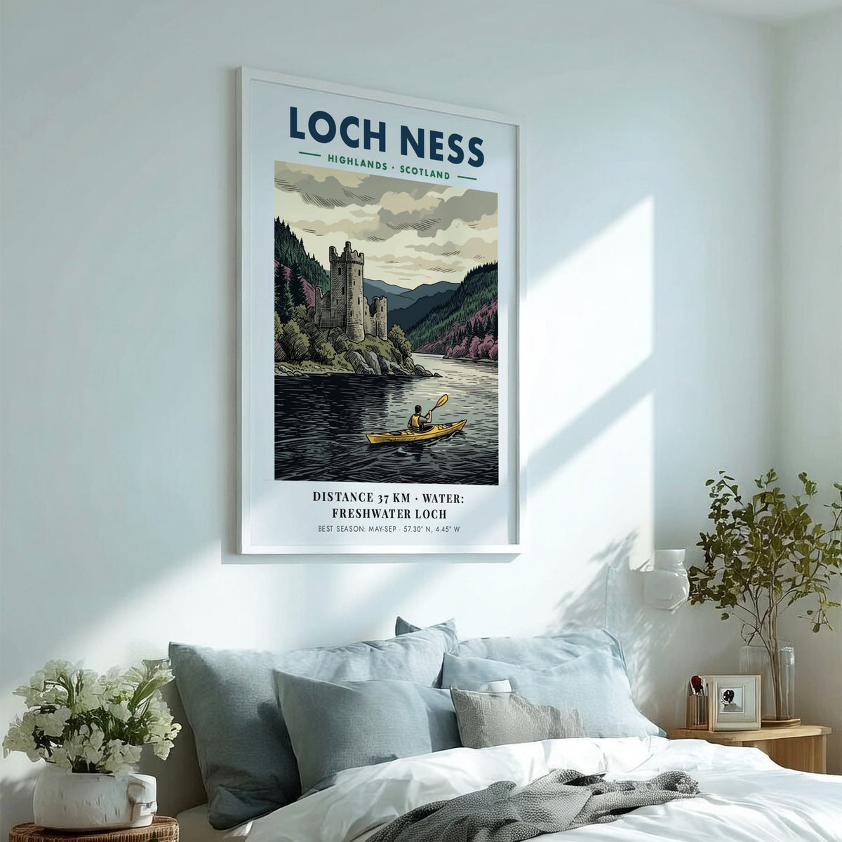 Loch Ness travel poster featuring a kayaker on dark water near a historic castle.