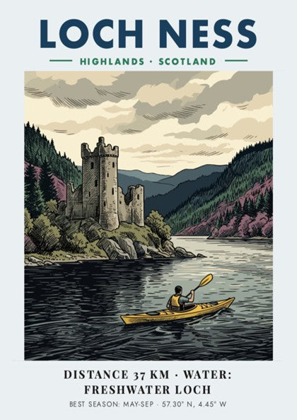 Loch Ness travel poster featuring a kayaker on dark water near a historic castle.
