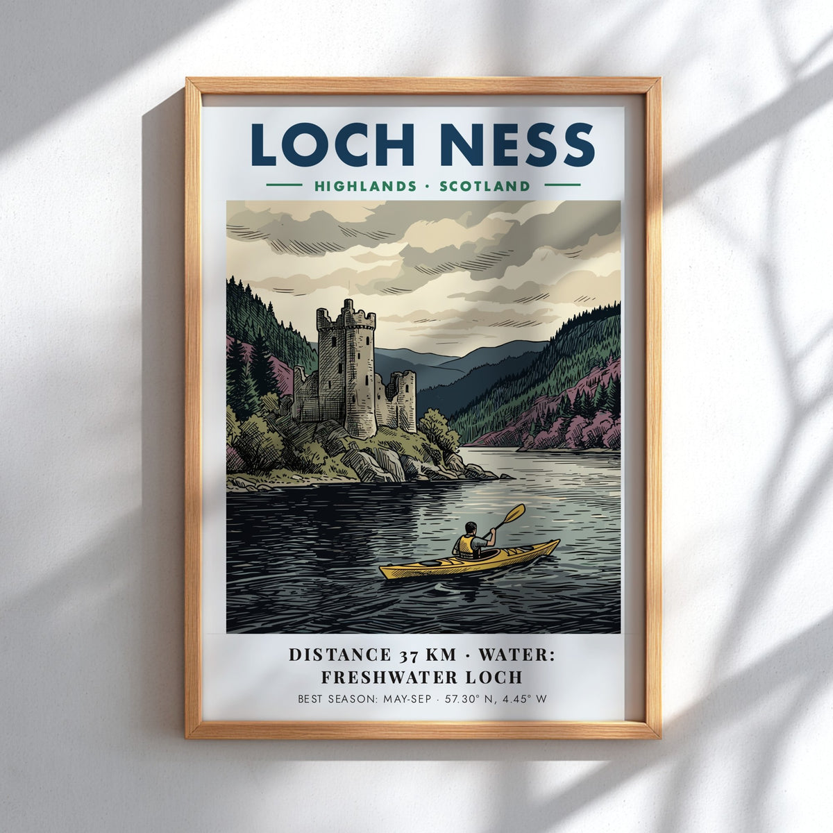 Loch Ness travel poster featuring a kayaker on dark water near a historic castle.