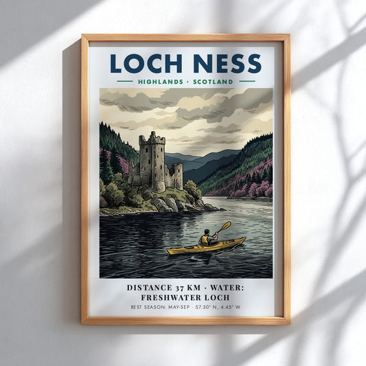 Loch Ness travel poster featuring a kayaker on dark water near a historic castle.