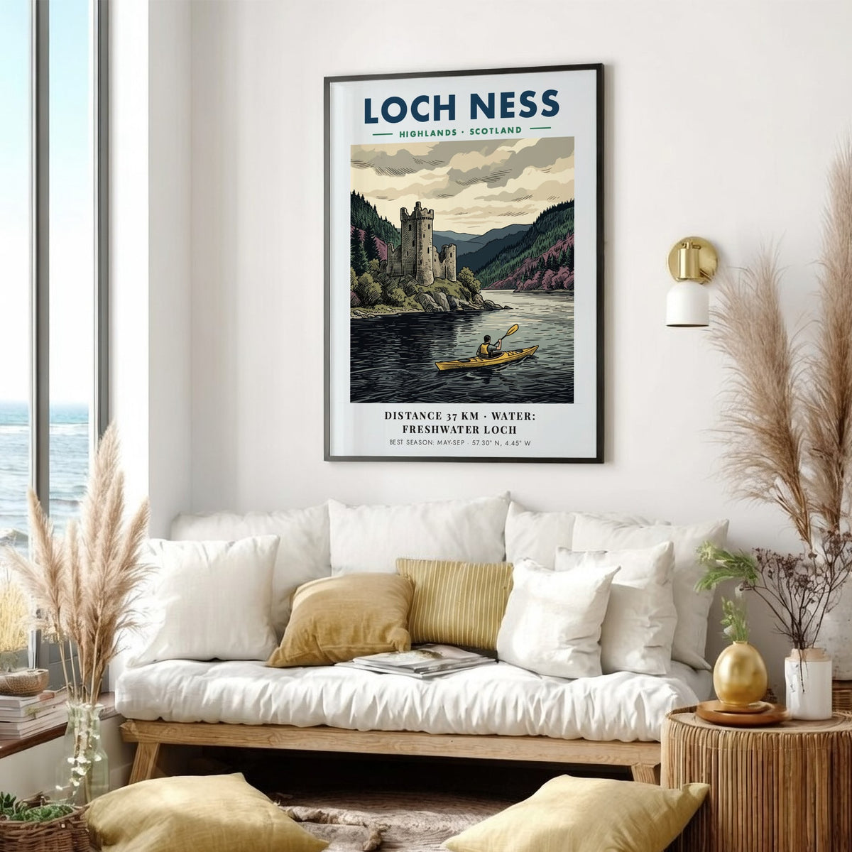 Loch Ness travel poster featuring a kayaker on dark water near a historic castle.