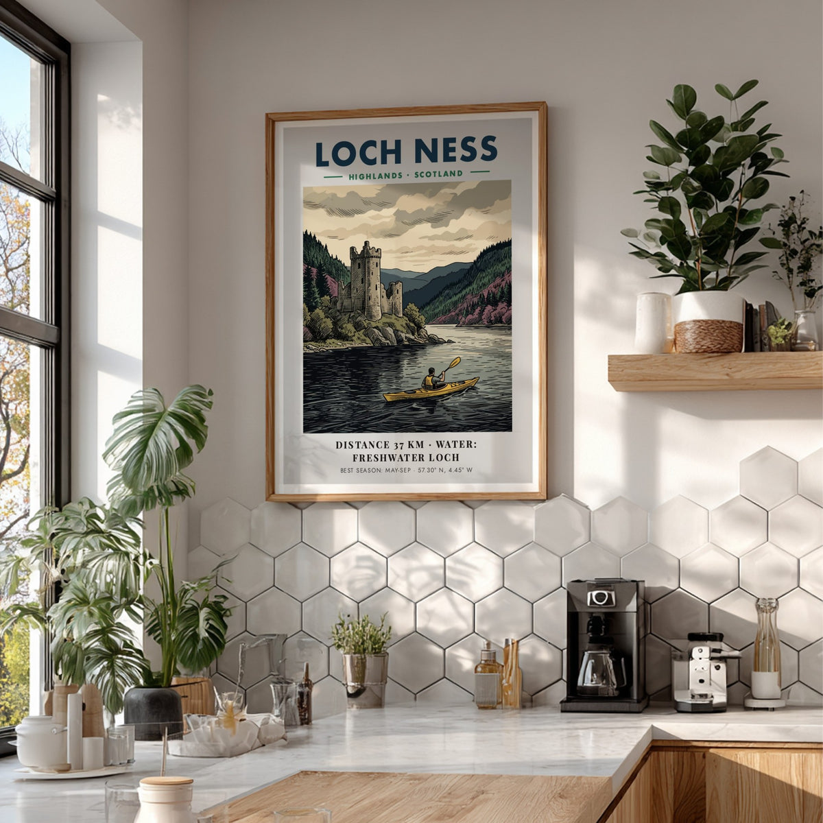 Loch Ness travel poster featuring a kayaker on dark water near a historic castle.