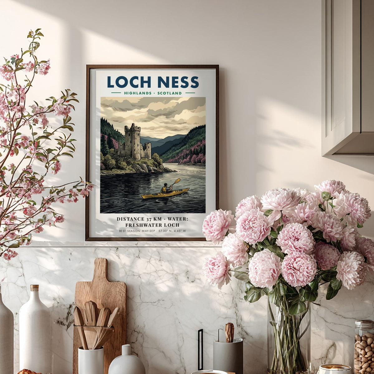 Loch Ness travel poster featuring a kayaker on dark water near a historic castle.