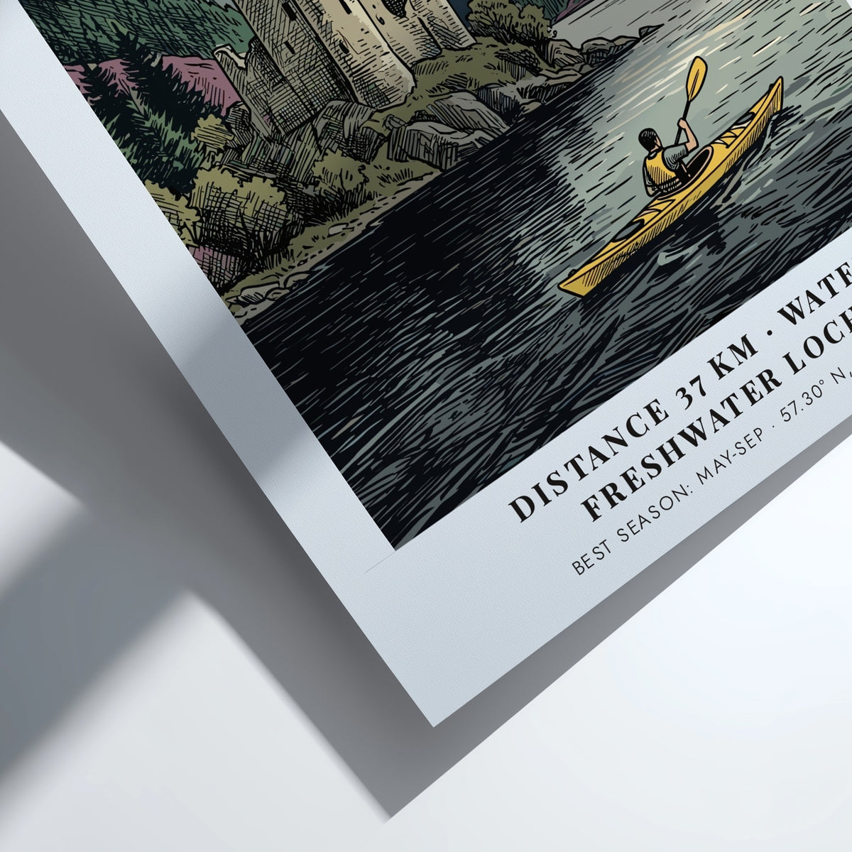 Loch Ness travel poster featuring a kayaker on dark water near a historic castle.