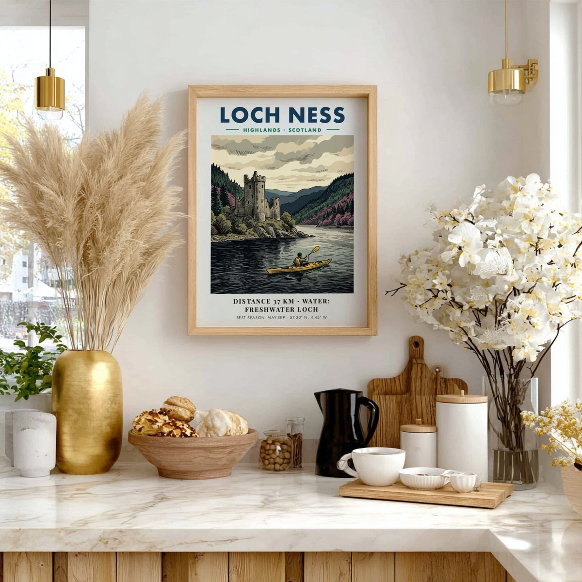 Loch Ness travel poster featuring a kayaker on dark water near a historic castle.