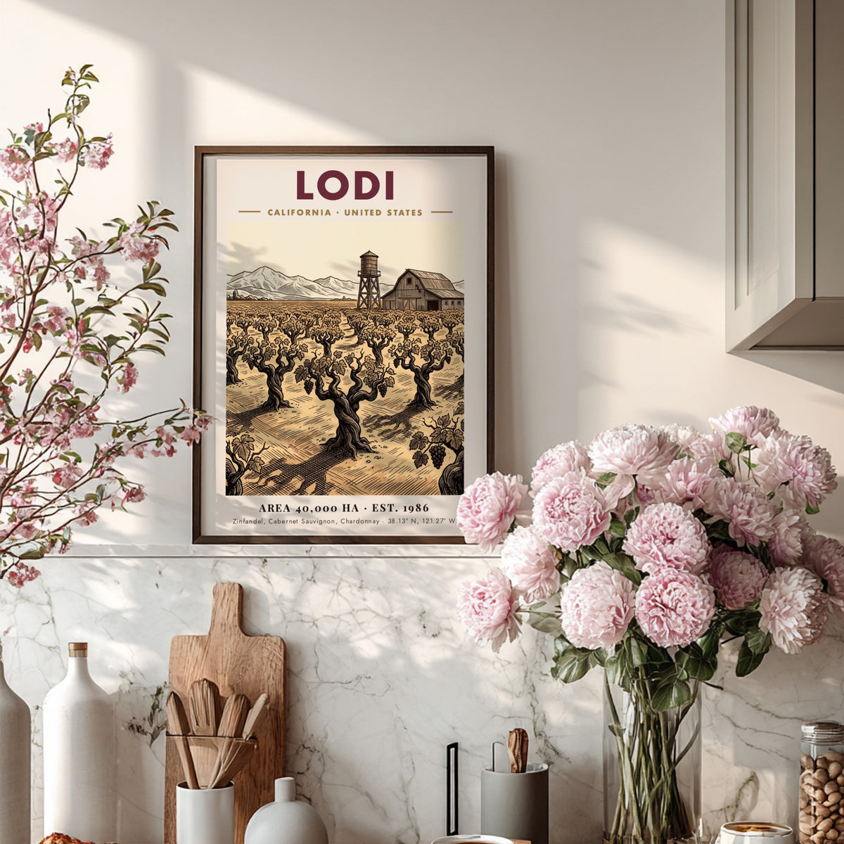 Poster featuring a Lodi California vineyard with a barn and water tower illustration
