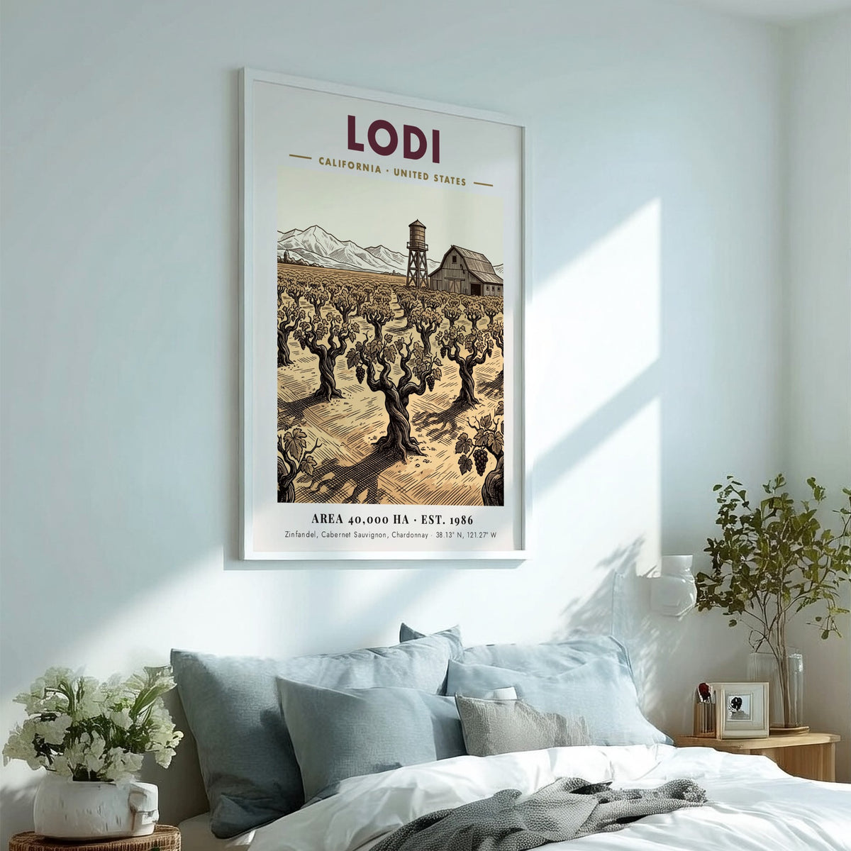Poster featuring a Lodi California vineyard with a barn and water tower illustration