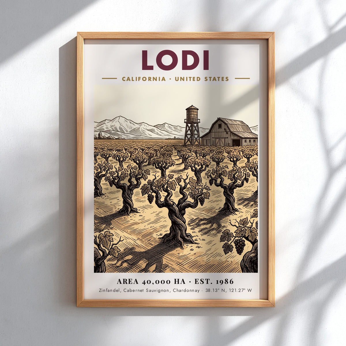 Poster featuring a Lodi California vineyard with a barn and water tower illustration