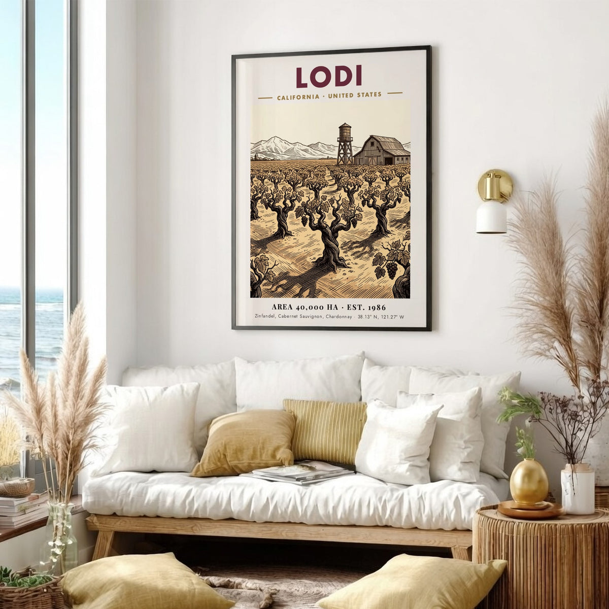 Poster featuring a Lodi California vineyard with a barn and water tower illustration