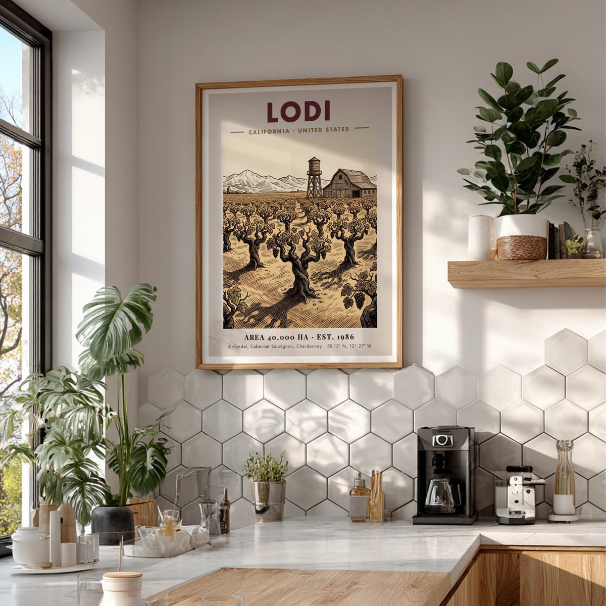 Poster featuring a Lodi California vineyard with a barn and water tower illustration